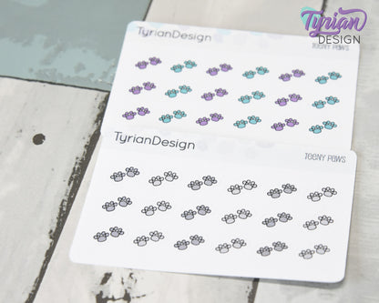 Paw Print Teeny Stickers | Tiny Paw stickers | 18 Stickers | .46" x .34" Each | 3.375" x 2.125" Mini Sheet | White or Clear