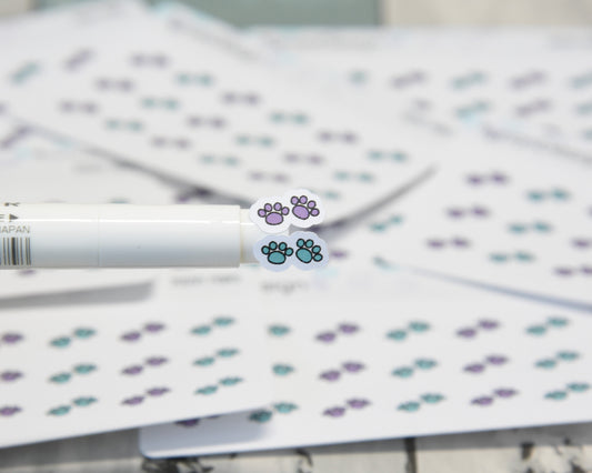 Paw Print Teeny Stickers | Tiny Paw stickers | 18 Stickers | .46" x .34" Each | 3.375" x 2.125" Mini Sheet | White or Clear