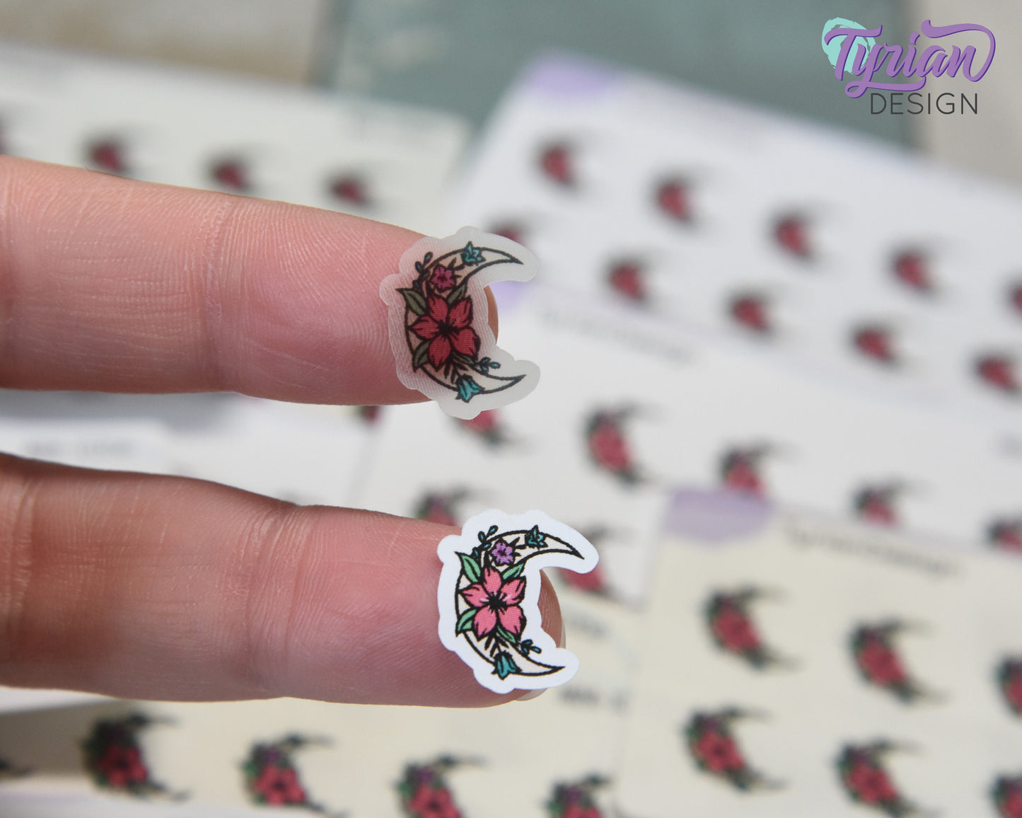 Mini Moon Stickers | Mini Sheet of Spring Moon | 10 Stickers | .6 x .64" each | 3.375" x 2.125" Mini Sheet | White or Clear Matte