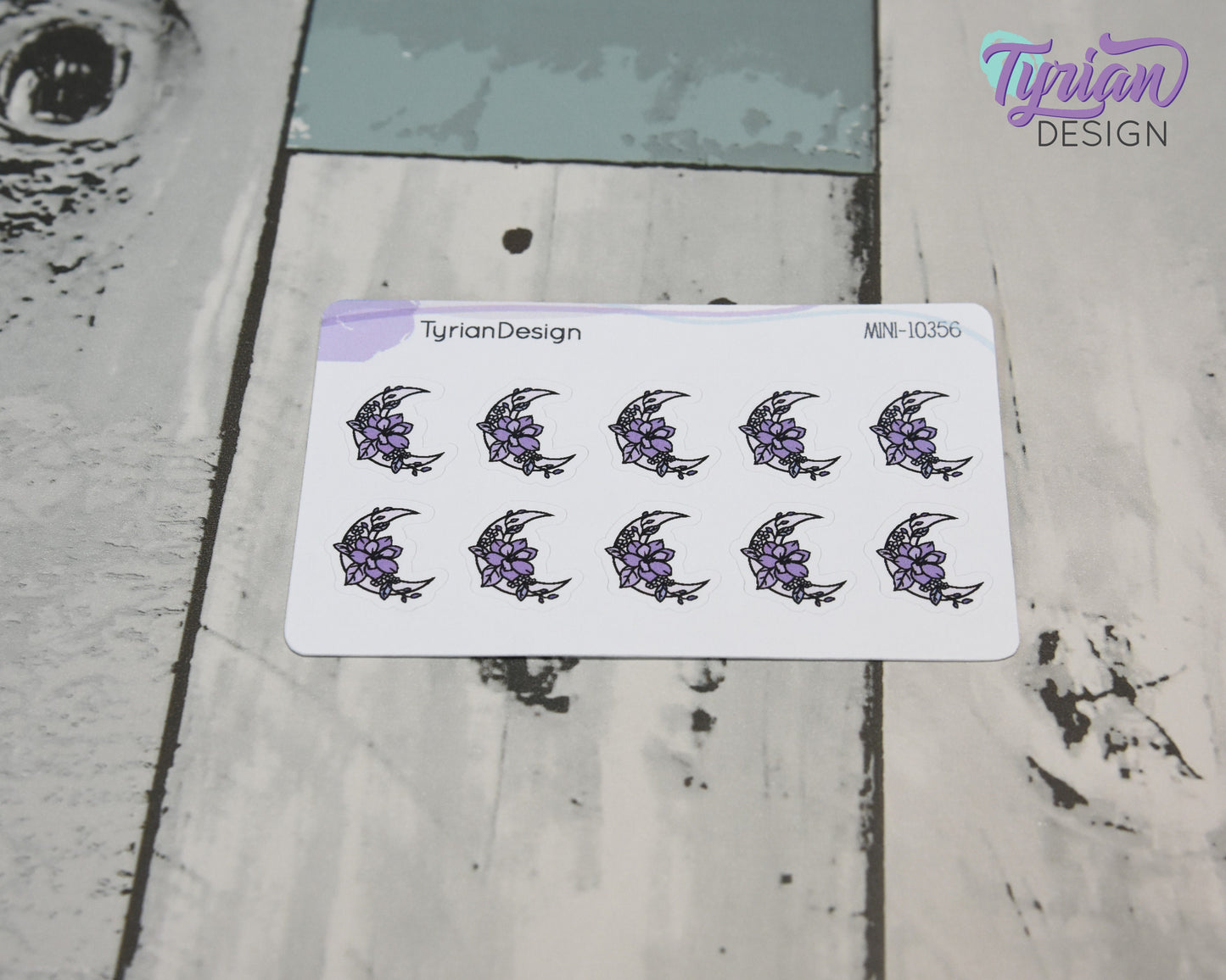 Mini Moon Stickers | Mini Sheet of Purple Moon | 10 Stickers | .6 x .65" each | 3.375" x 2.125" Mini Sheet | White or Clear Matte