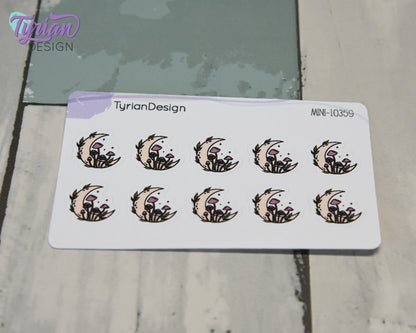 Mini Moon Stickers | Mini Sheet of Fall Mushroom Moon | 10 Stickers | .6 x .6" each | 3.375" x 2.125" Mini Sheet | White or Clear Matte