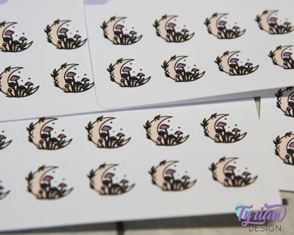 Mini Moon Stickers | Mini Sheet of Fall Mushroom Moon | 10 Stickers | .6 x .6" each | 3.375" x 2.125" Mini Sheet | White or Clear Matte