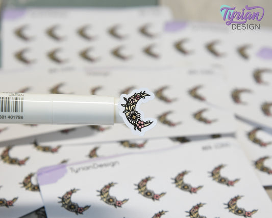 Mini Spring Moon Stickers | Mini Sheet of Flower Moons | 10 Stickers | .6 x .65" each | 3.375" x 2.125" Mini Sheet | White or Clear Matte