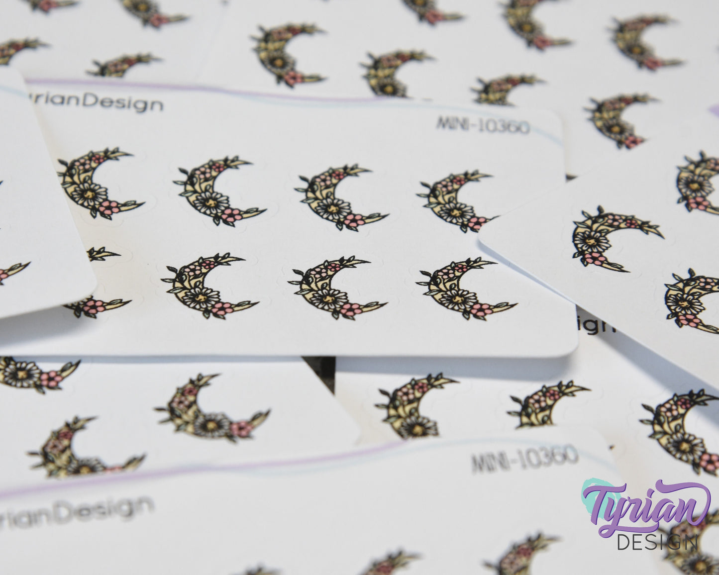 Mini Spring Moon Stickers | Mini Sheet of Flower Moons | 10 Stickers | .6 x .65" each | 3.375" x 2.125" Mini Sheet | White or Clear Matte