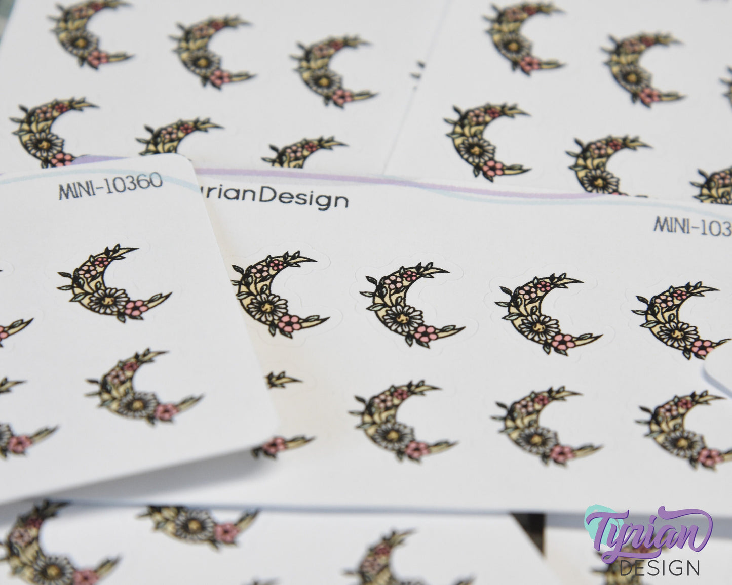 Mini Spring Moon Stickers | Mini Sheet of Flower Moons | 10 Stickers | .6 x .65" each | 3.375" x 2.125" Mini Sheet | White or Clear Matte