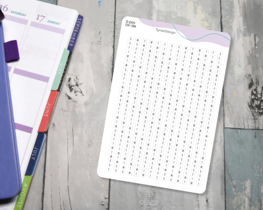 Reverse Days of the week for Vertical Habit Tracker Stickers for Planners and Journals Monday - Sunday. Fits 5mm Journals