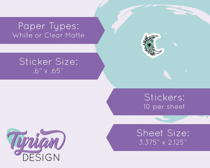 Mini Moon Stickers | Mini Sheet of Turquoise Moon | 10 Stickers | .6 x .65" each | 3.375" x 2.125" Mini Sheet | White or Clear Matte