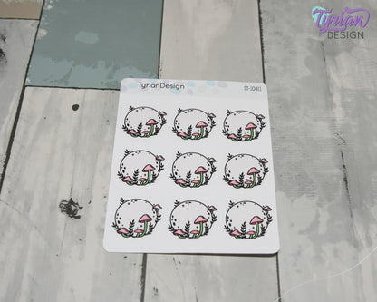 Pink Moon Stickers | Full Mushroom Moon | 9 Stickers per sheet | 1.1 x 1" Sticker size | | 3.5 x 4.5" Sheet | White or Clear Matte