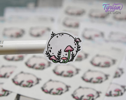 Pink Moon Stickers | Full Mushroom Moon | 9 Stickers per sheet | 1.1 x 1" Sticker size | | 3.5 x 4.5" Sheet | White or Clear Matte