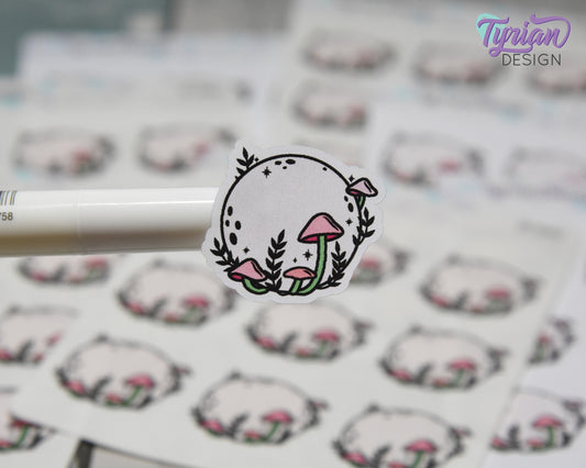 Pink Moon Stickers | Full Mushroom Moon | 9 Stickers per sheet | 1.1 x 1" Sticker size | | 3.5 x 4.5" Sheet | White or Clear Matte