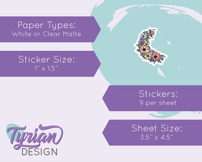 Pastel Flower Moon Stickers | Spring Flower Moon | 9 Stickers per sheet | 1 x 1.1" Sticker size | | 3.5 x 4.5" Sheet | White or Clear Matte