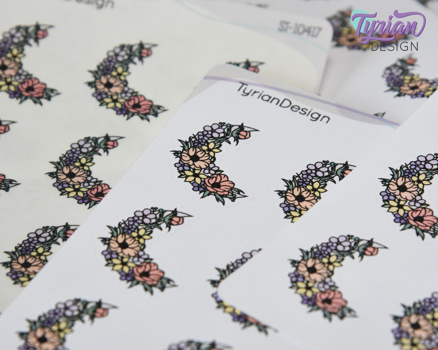 Pastel Flower Moon Stickers | Spring Flower Moon | 9 Stickers per sheet | 1 x 1.1" Sticker size | | 3.5 x 4.5" Sheet | White or Clear Matte