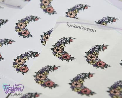 Pastel Flower Moon Stickers | Spring Flower Moon | 9 Stickers per sheet | 1 x 1.1" Sticker size | | 3.5 x 4.5" Sheet | White or Clear Matte