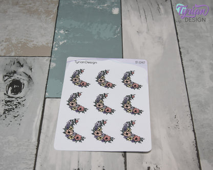 Pastel Flower Moon Stickers | Spring Flower Moon | 9 Stickers per sheet | 1 x 1.1" Sticker size | | 3.5 x 4.5" Sheet | White or Clear Matte