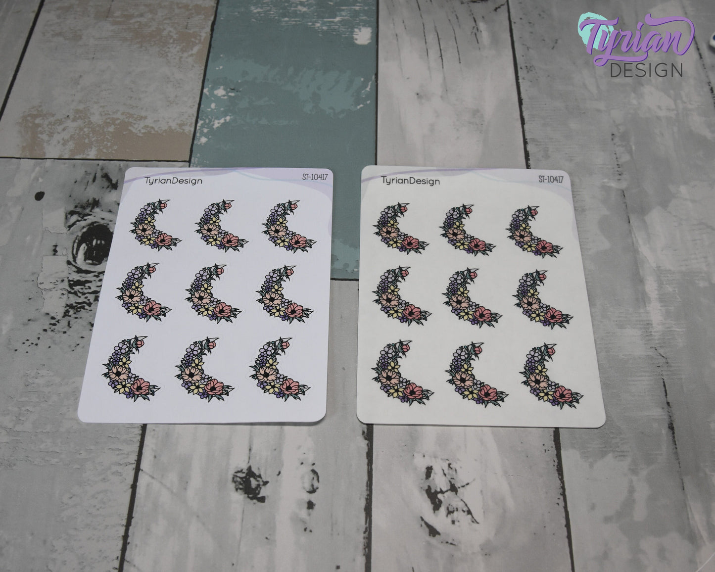 Pastel Flower Moon Stickers | Spring Flower Moon | 9 Stickers per sheet | 1 x 1.1" Sticker size | | 3.5 x 4.5" Sheet | White or Clear Matte