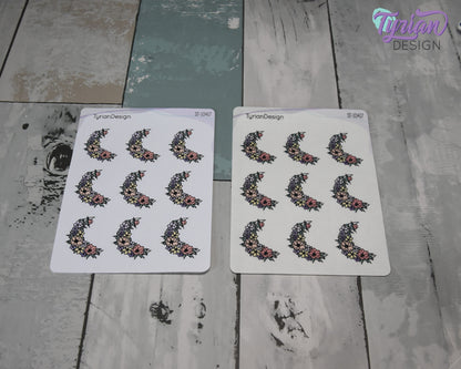 Pastel Flower Moon Stickers | Spring Flower Moon | 9 Stickers per sheet | 1 x 1.1" Sticker size | | 3.5 x 4.5" Sheet | White or Clear Matte