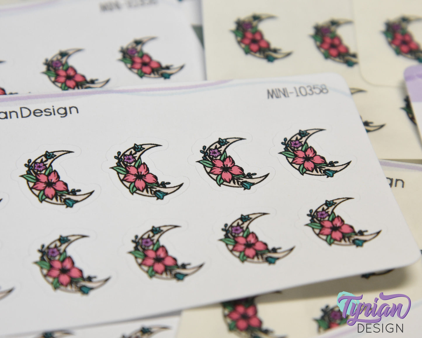 Mini Moon Stickers | Mini Sheet of Spring Moon | 10 Stickers | .6 x .64" each | 3.375" x 2.125" Mini Sheet | White or Clear Matte