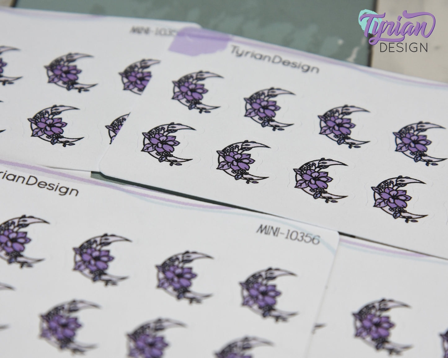 Mini Moon Stickers | Mini Sheet of Purple Moon | 10 Stickers | .6 x .65" each | 3.375" x 2.125" Mini Sheet | White or Clear Matte