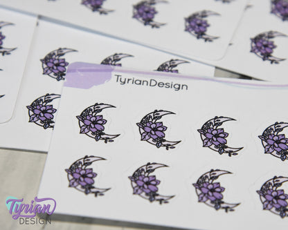 Mini Moon Stickers | Mini Sheet of Purple Moon | 10 Stickers | .6 x .65" each | 3.375" x 2.125" Mini Sheet | White or Clear Matte