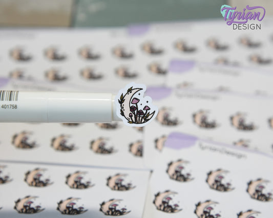 Mini Moon Stickers | Mini Sheet of Fall Mushroom Moon | 10 Stickers | .6 x .6" each | 3.375" x 2.125" Mini Sheet | White or Clear Matte