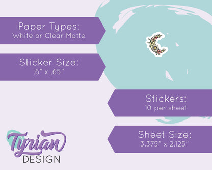 Mini Spring Moon Stickers | Mini Sheet of Flower Moons | 10 Stickers | .6 x .65" each | 3.375" x 2.125" Mini Sheet | White or Clear Matte