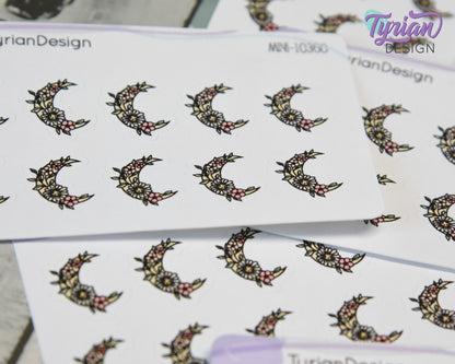 Mini Spring Moon Stickers | Mini Sheet of Flower Moons | 10 Stickers | .6 x .65" each | 3.375" x 2.125" Mini Sheet | White or Clear Matte