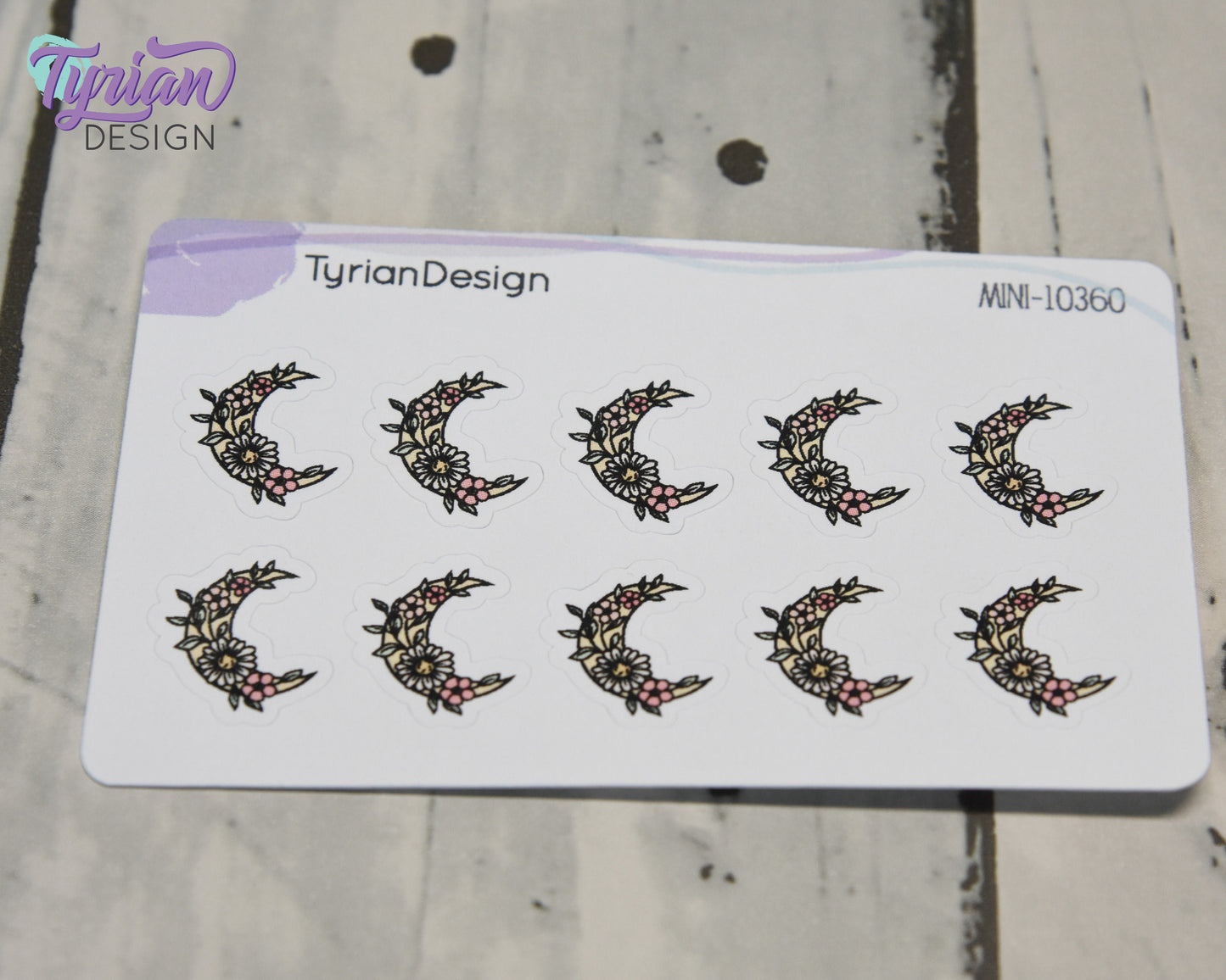 Mini Spring Moon Stickers | Mini Sheet of Flower Moons | 10 Stickers | .6 x .65" each | 3.375" x 2.125" Mini Sheet | White or Clear Matte