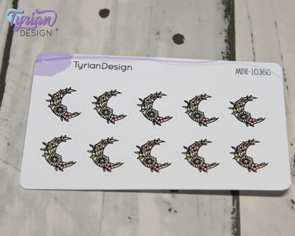Mini Spring Moon Stickers | Mini Sheet of Flower Moons | 10 Stickers | .6 x .65" each | 3.375" x 2.125" Mini Sheet | White or Clear Matte