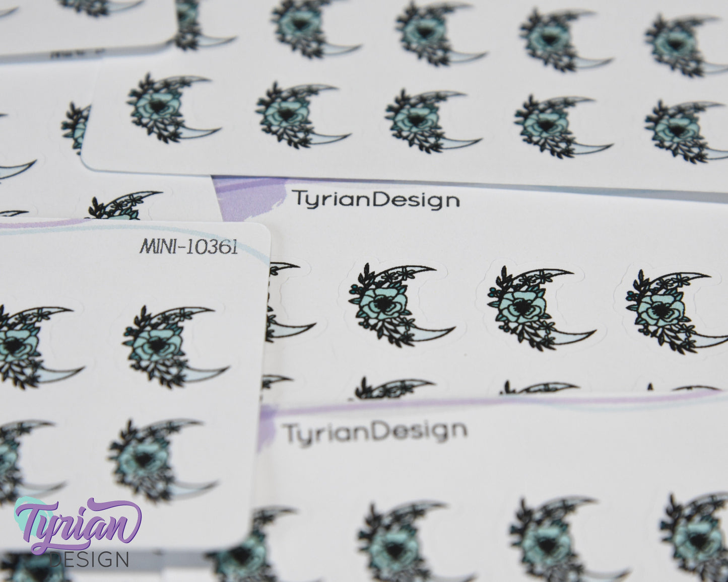 Mini Moon Stickers | Mini Sheet of Turquoise Moon | 10 Stickers | .6 x .65" each | 3.375" x 2.125" Mini Sheet | White or Clear Matte