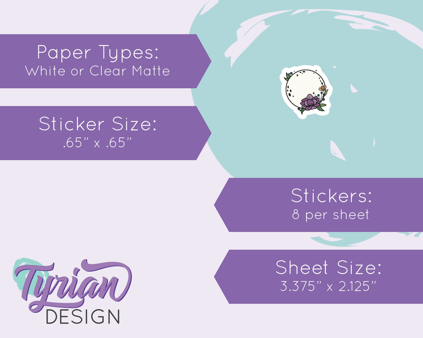 Mini Moon Stickers | Mini Sheet of Full Purple Flower Moon | 8Stickers | .65 x .65" each | 3.375" x 2.125" Mini Sheet | White or Clear Matte