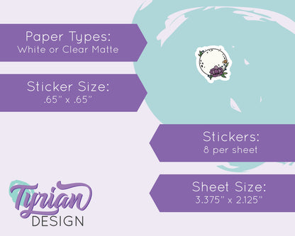 Mini Moon Stickers | Mini Sheet of Full Purple Flower Moon | 8Stickers | .65 x .65" each | 3.375" x 2.125" Mini Sheet | White or Clear Matte
