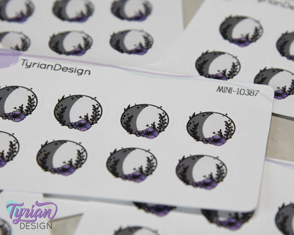Mini Moon Stickers | Mini Sheet of Waxing Gibbus  Moon | 8Stickers | .65 x .65" each | 3.375" x 2.125" Mini Sheet | White or Clear Matte