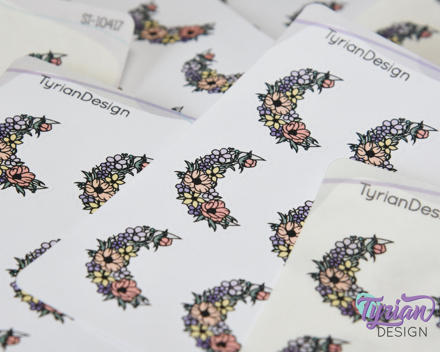 Pastel Flower Moon Stickers | Spring Flower Moon | 9 Stickers per sheet | 1 x 1.1" Sticker size | | 3.5 x 4.5" Sheet | White or Clear Matte