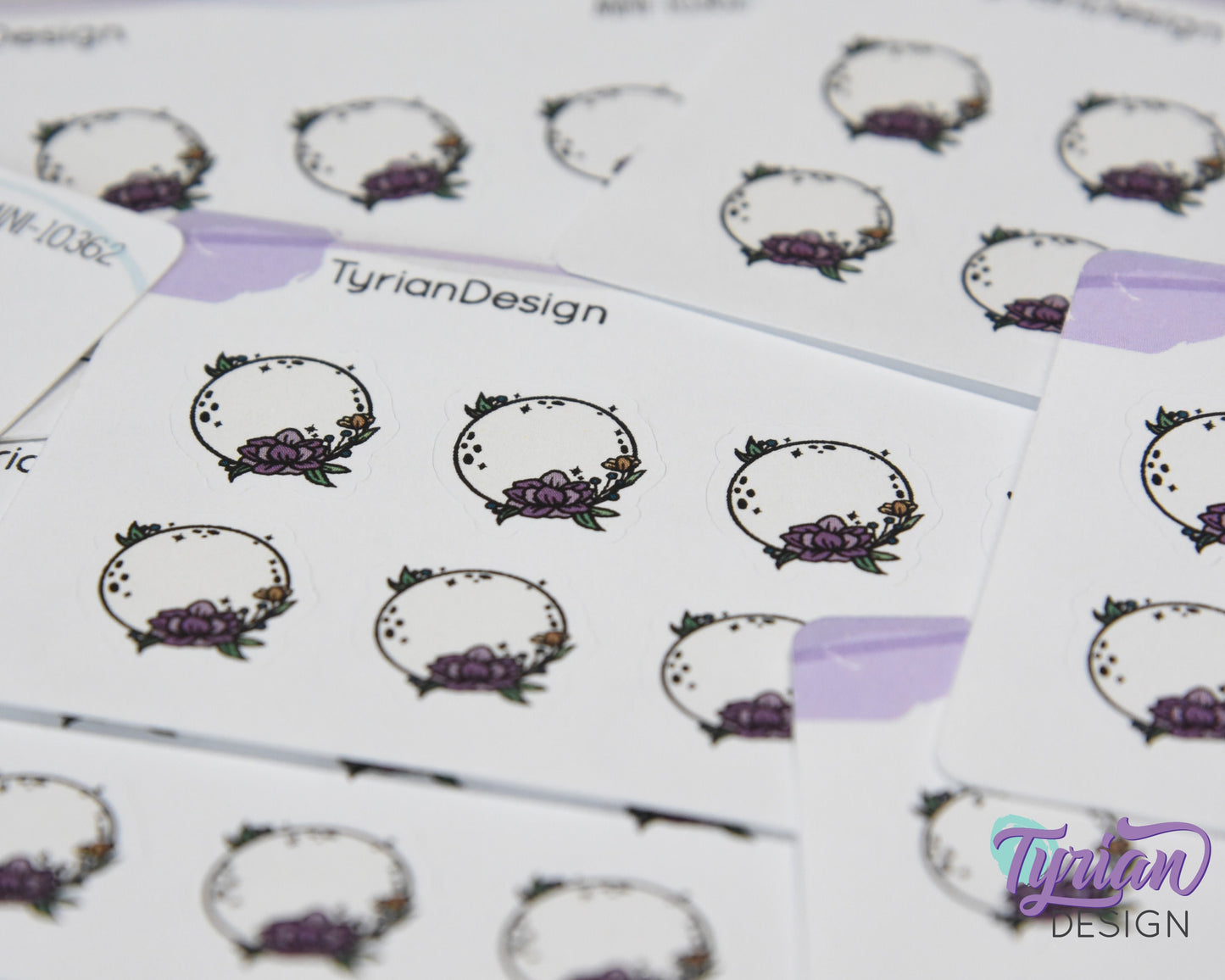Mini Moon Stickers | Mini Sheet of Full Purple Flower Moon | 8Stickers | .65 x .65" each | 3.375" x 2.125" Mini Sheet | White or Clear Matte