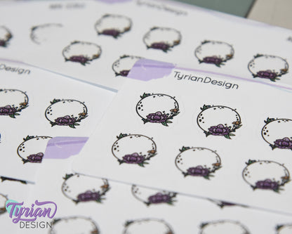 Mini Moon Stickers | Mini Sheet of Full Purple Flower Moon | 8Stickers | .65 x .65" each | 3.375" x 2.125" Mini Sheet | White or Clear Matte