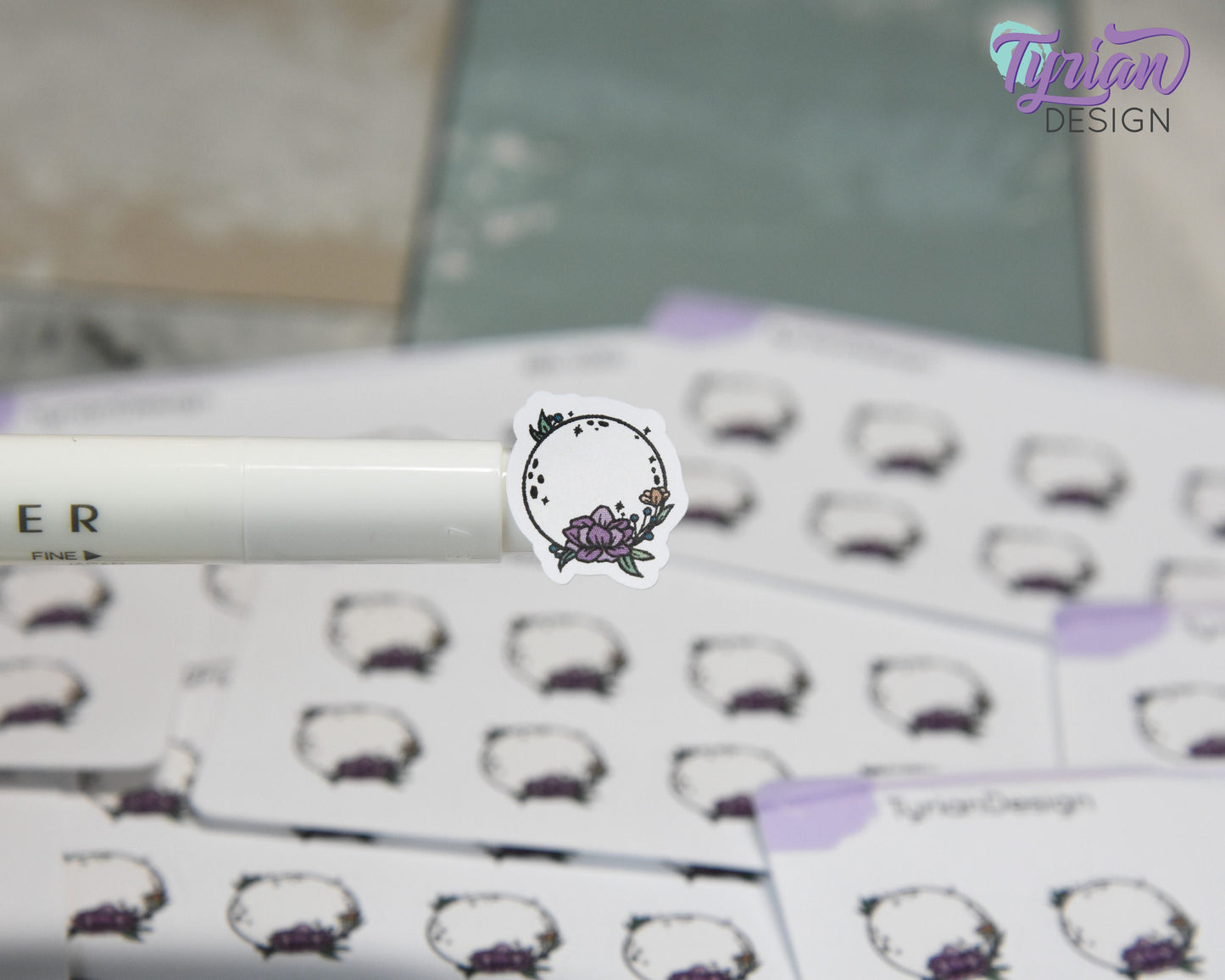 Mini Moon Stickers | Mini Sheet of Full Purple Flower Moon | 8Stickers | .65 x .65" each | 3.375" x 2.125" Mini Sheet | White or Clear Matte