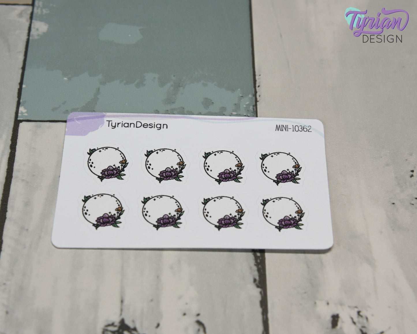 Mini Moon Stickers | Mini Sheet of Full Purple Flower Moon | 8Stickers | .65 x .65" each | 3.375" x 2.125" Mini Sheet | White or Clear Matte