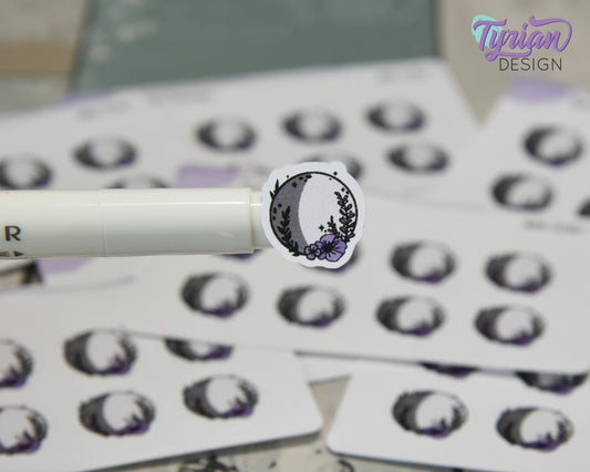 Mini Moon Stickers | Mini Sheet of Waxing Gibbus  Moon | 8Stickers | .65 x .65" each | 3.375" x 2.125" Mini Sheet | White or Clear Matte