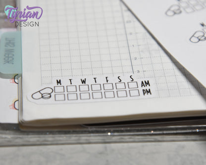 Medicine Weekly AM PM Tracker Sticker | 18 stickers | 1.75 x .6" Each | Font Charley