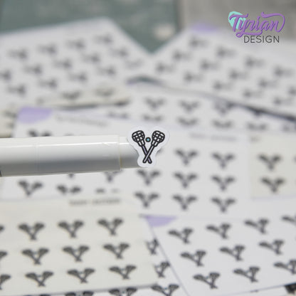 Lacrosse Stickers | Tiny Lacrosse stick stickers | Mini sheet | 18 stickers | .45 x .48" each | Lacrosse icon | White or Clear Matte
