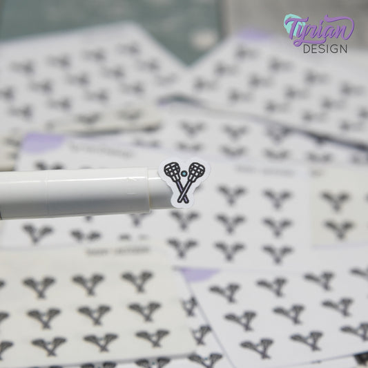 Lacrosse Stickers | Tiny Lacrosse stick stickers | Mini sheet | 18 stickers | .45 x .48" each | Lacrosse icon | White or Clear Matte
