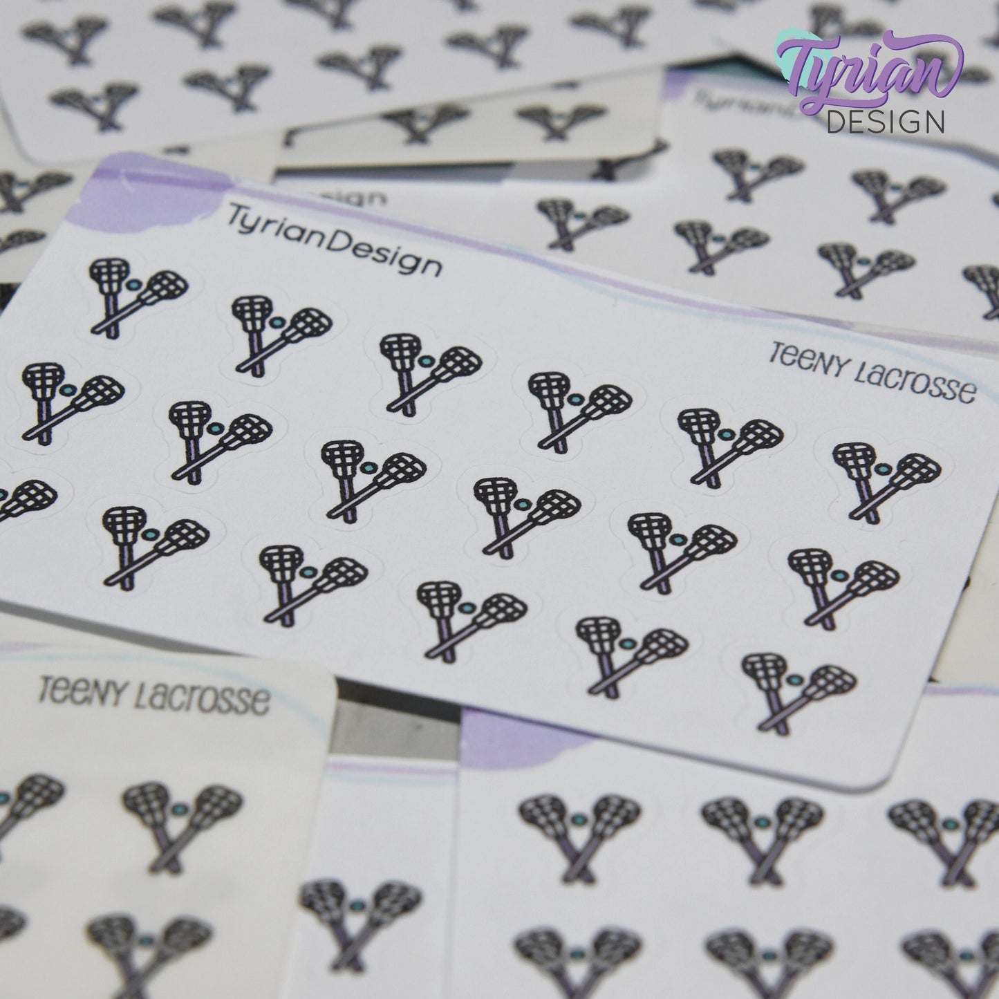 Lacrosse Stickers | Tiny Lacrosse stick stickers | Mini sheet | 18 stickers | .45 x .48" each | Lacrosse icon | White or Clear Matte