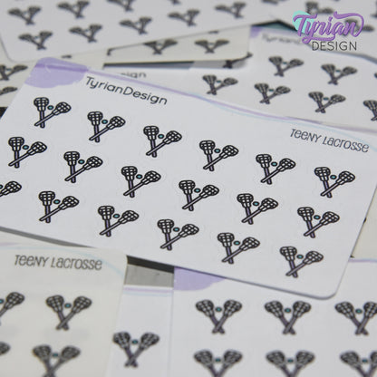 Lacrosse Stickers | Tiny Lacrosse stick stickers | Mini sheet | 18 stickers | .45 x .48" each | Lacrosse icon | White or Clear Matte