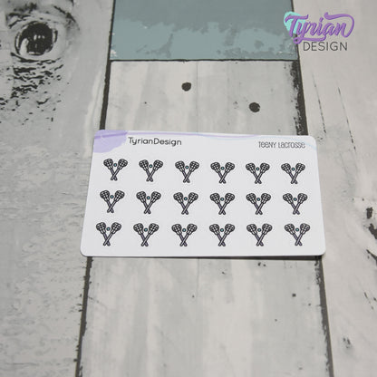 Lacrosse Stickers | Tiny Lacrosse stick stickers | Mini sheet | 18 stickers | .45 x .48" each | Lacrosse icon | White or Clear Matte