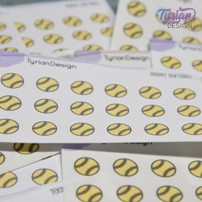 Softball Stickers | Tiny Softball stickers | Mini sheet | 18 stickers | .45 x .45" each | Softball icon | White or Clear Matte
