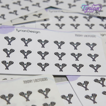 Lacrosse Stickers | Tiny Lacrosse stick stickers | Mini sheet | 18 stickers | .45 x .48" each | Lacrosse icon | White or Clear Matte