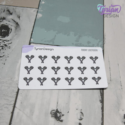 Lacrosse Stickers | Tiny Lacrosse stick stickers | Mini sheet | 18 stickers | .45 x .48" each | Lacrosse icon | White or Clear Matte