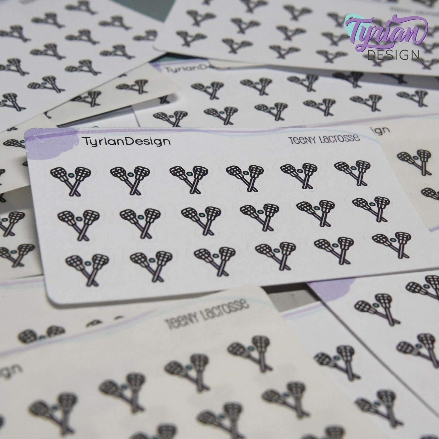 Lacrosse Stickers | Tiny Lacrosse stick stickers | Mini sheet | 18 stickers | .45 x .48" each | Lacrosse icon | White or Clear Matte