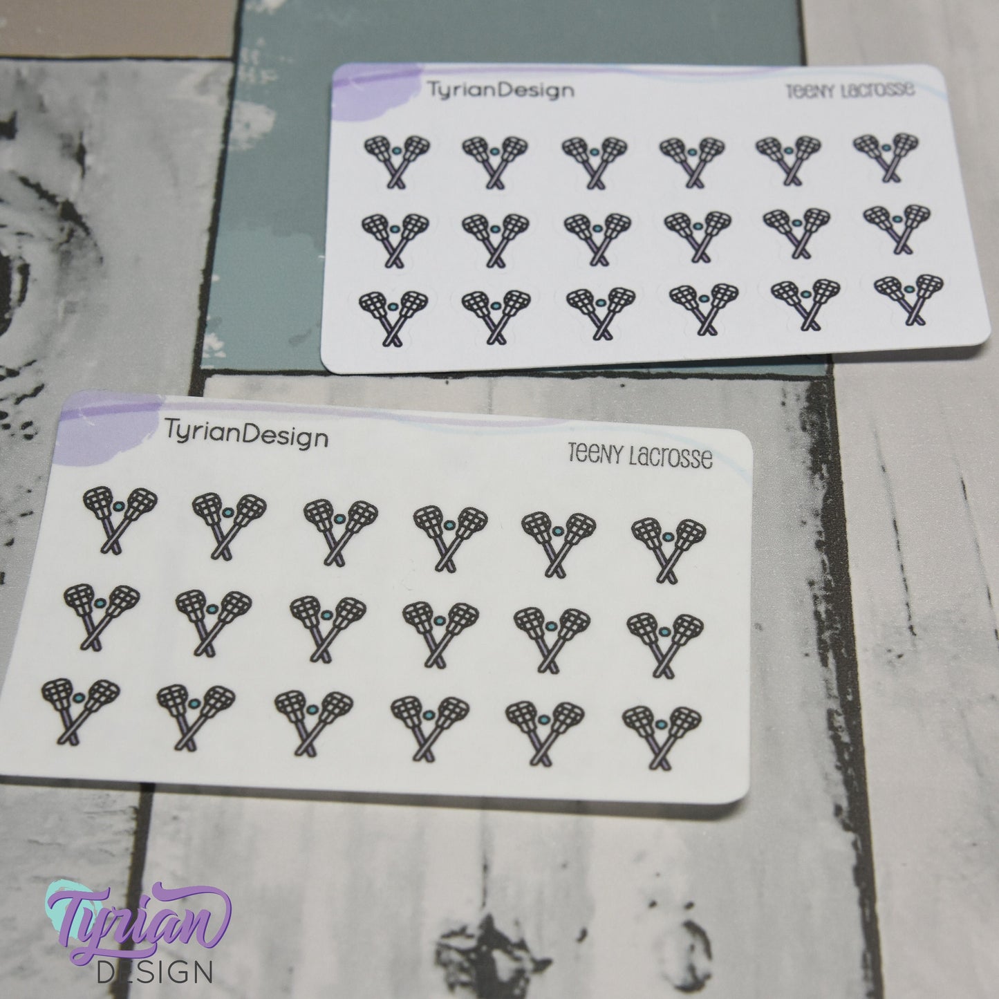 Lacrosse Stickers | Tiny Lacrosse stick stickers | Mini sheet | 18 stickers | .45 x .48" each | Lacrosse icon | White or Clear Matte