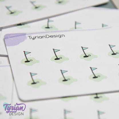 Golf Stickers | Mini Sheet of Golf Tee Time | 10 Stickers | .5 x .6" each | 3.375" x 2.125" Mini Sheet | White or Clear Matte